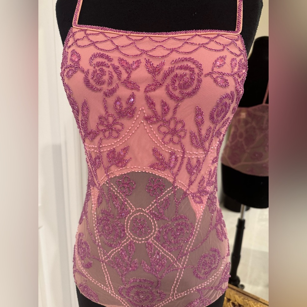 Attitudes by Debra hand, beaded pink camisole top - Picture 2 of 8
